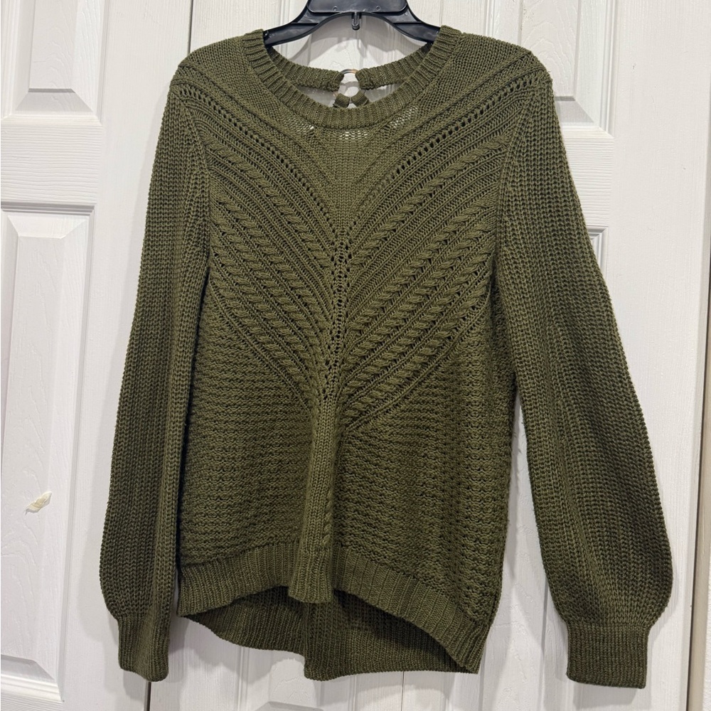 Green Olive Women's ring cutout back ballon sleeves knit Sweater - Picture 3 of 9